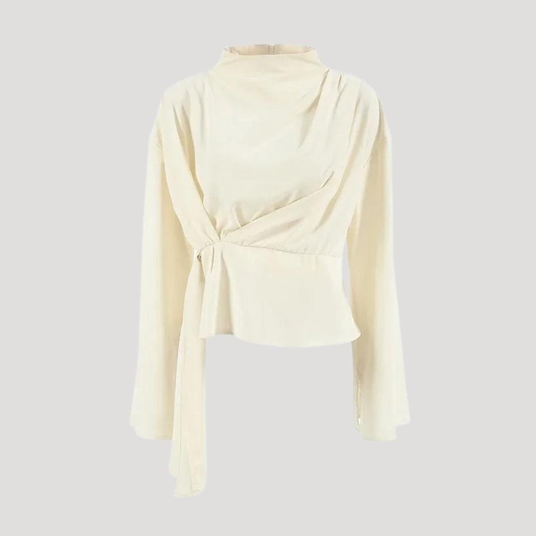 Vit sidenblus dam – långärmad festtopp i satin