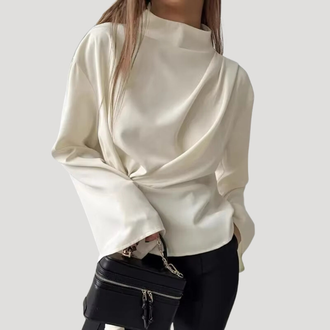 Vit sidenblus dam – långärmad festtopp i satin