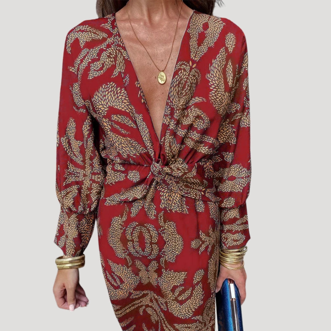 Sommarklänning dam midiklänning med v-ringning och tryck