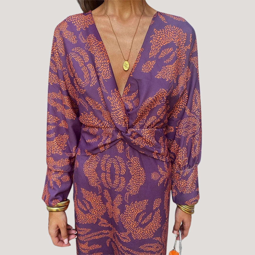 Sommarklänning dam midiklänning med v-ringning och tryck