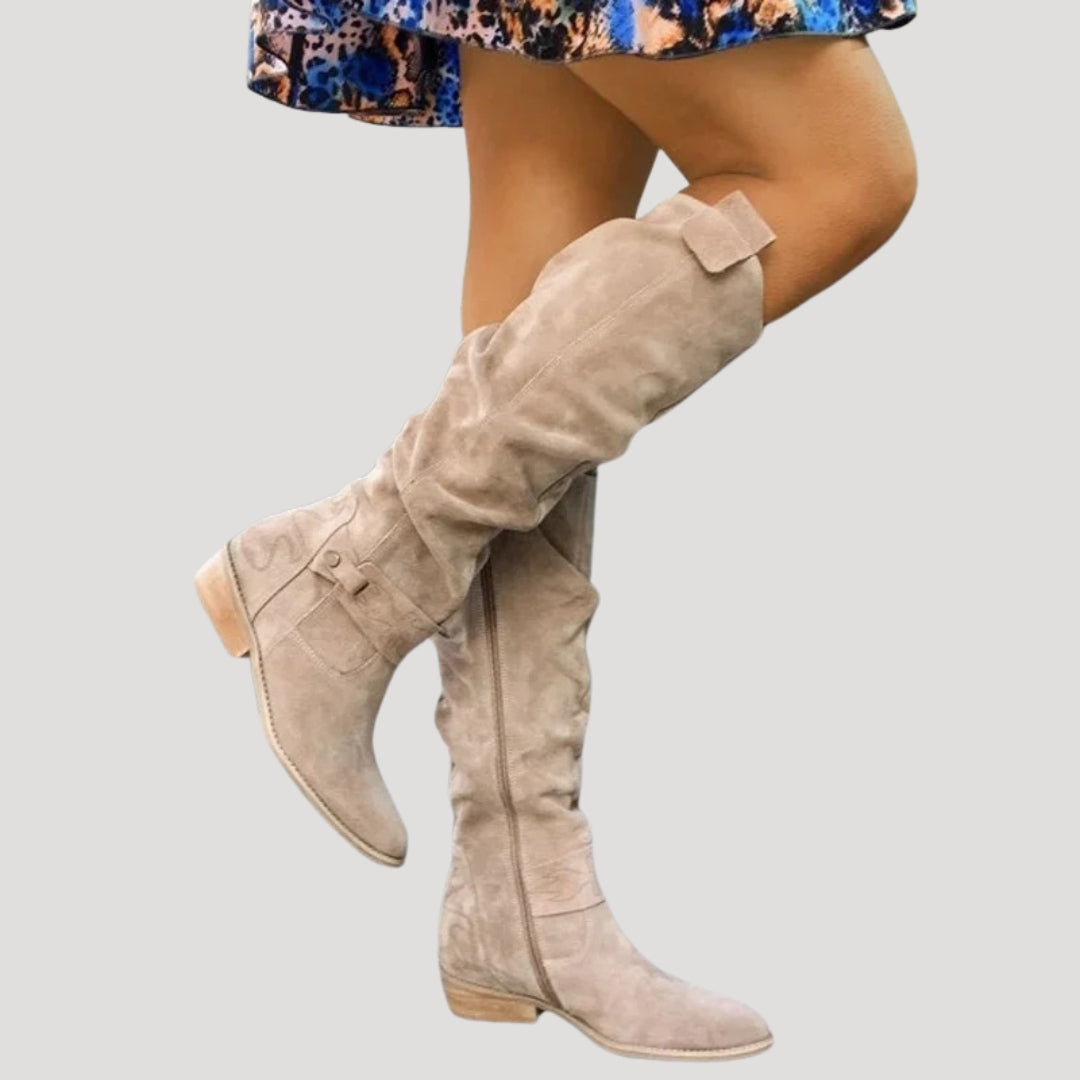 Knähöga stövlar dam – höga boots med låg klack