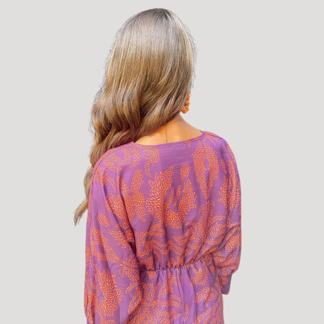 Sommarklänning dam midiklänning med v-ringning och tryck