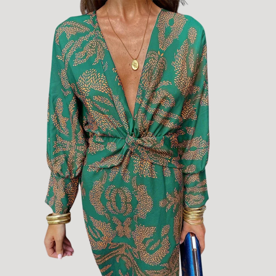 Sommarklänning dam midiklänning med v-ringning och tryck