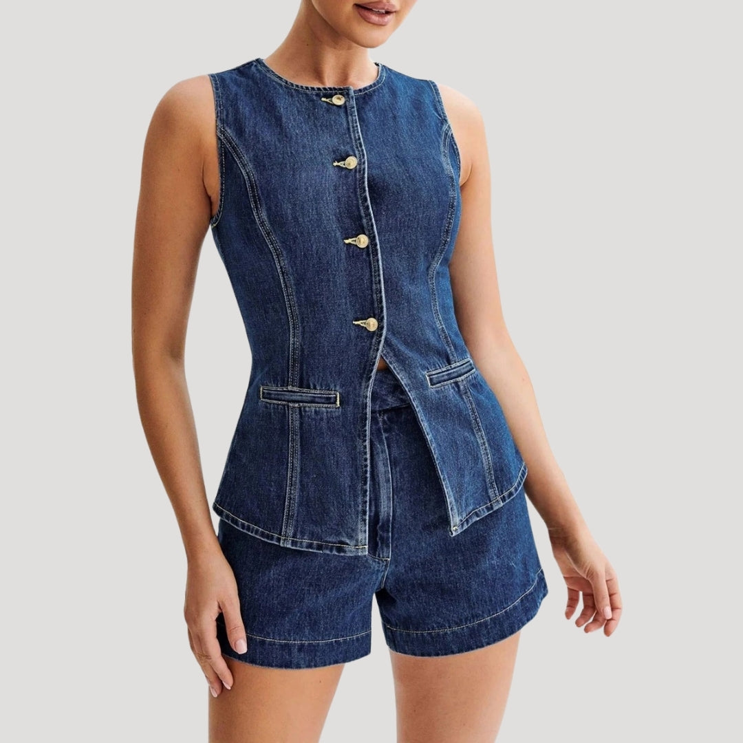 Tvådelat jeansset dam – ärmlös väst & shorts