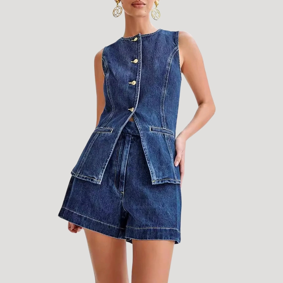 Tvådelat jeansset dam – ärmlös väst & shorts