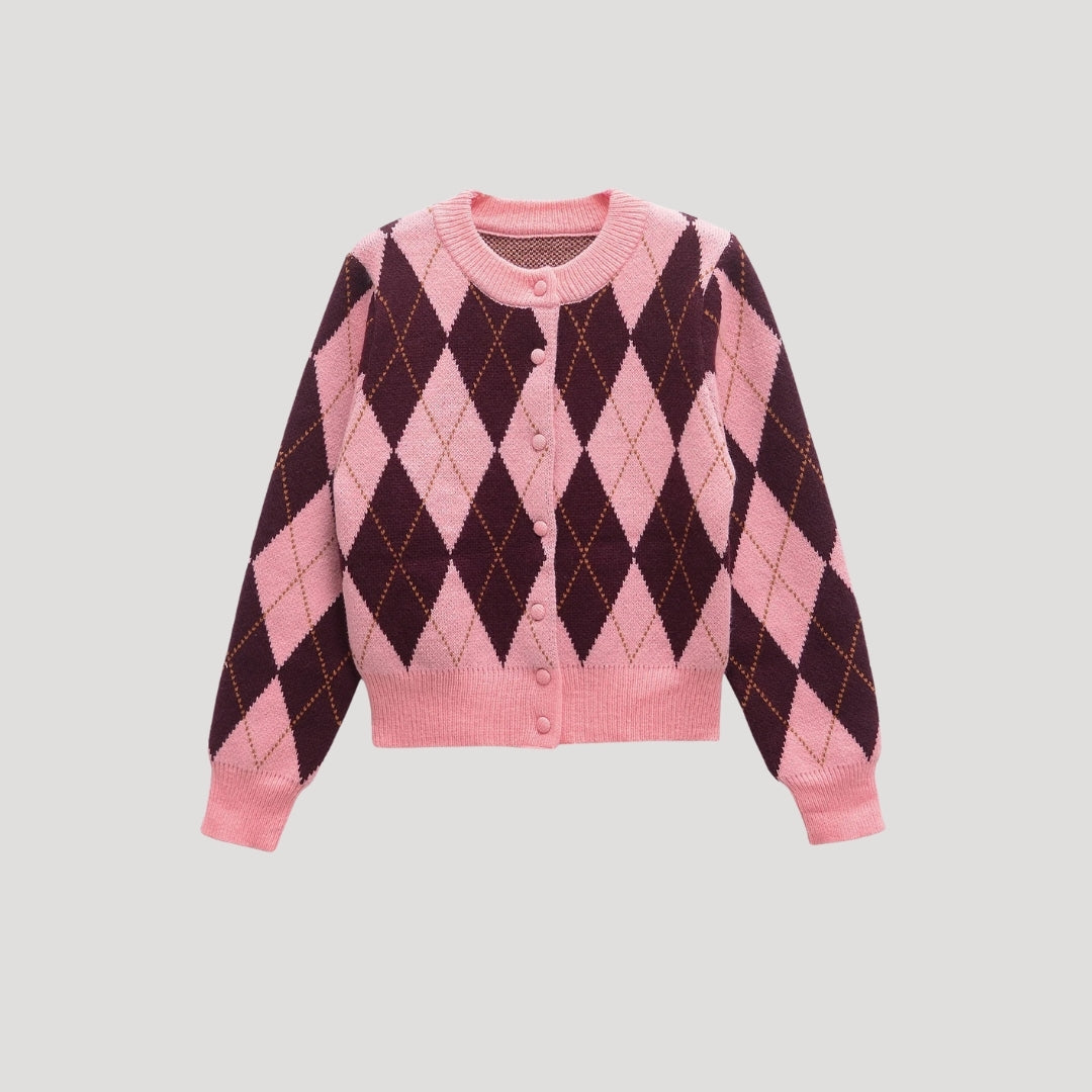 Dam argyle cardigan stickad i rosa för alla tillfällen 0