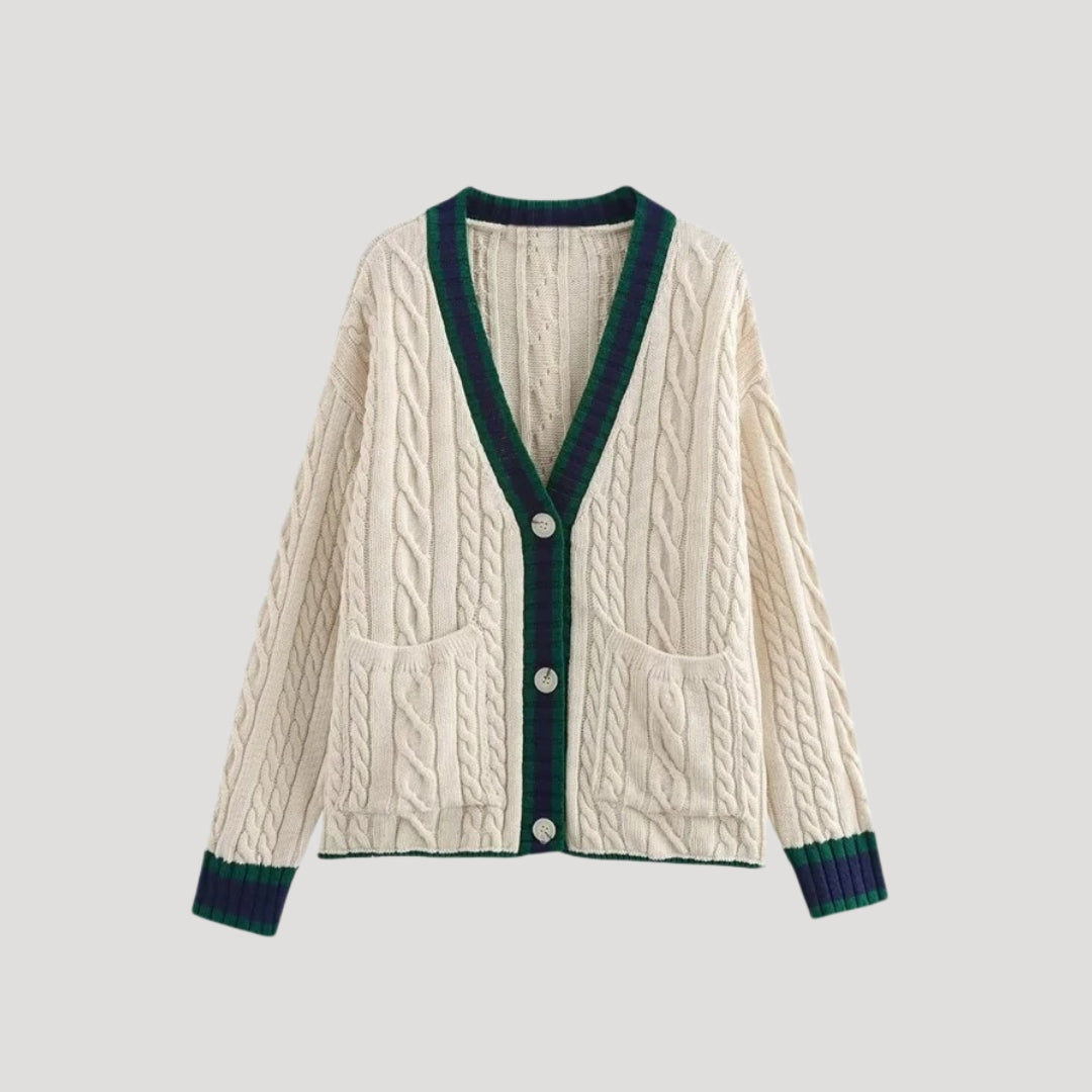 Dam chunky kabelstickad kofta med knäppning för höst och vår 0