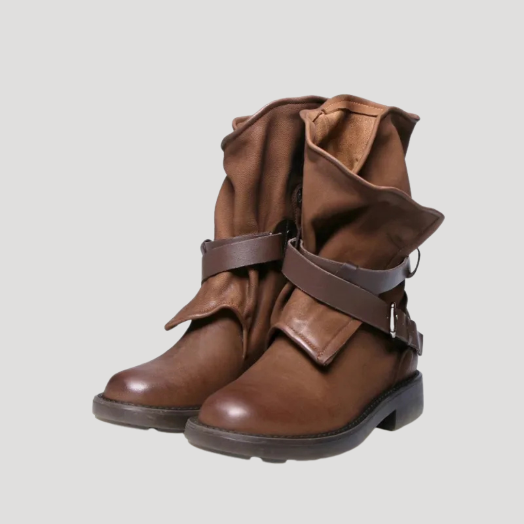 Dam chunky läder vinterstövlar med ankelhöjd och justerbar rem 0