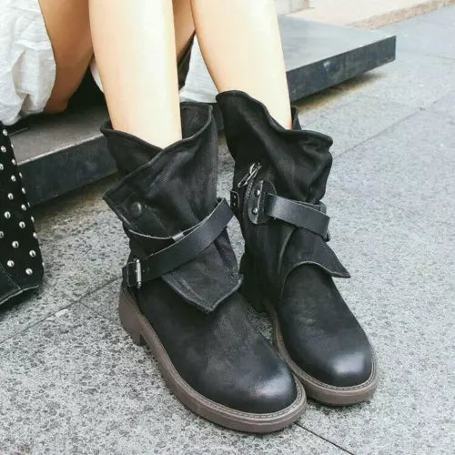 Dam chunky läder vinterstövlar med ankelhöjd och justerbar rem 2