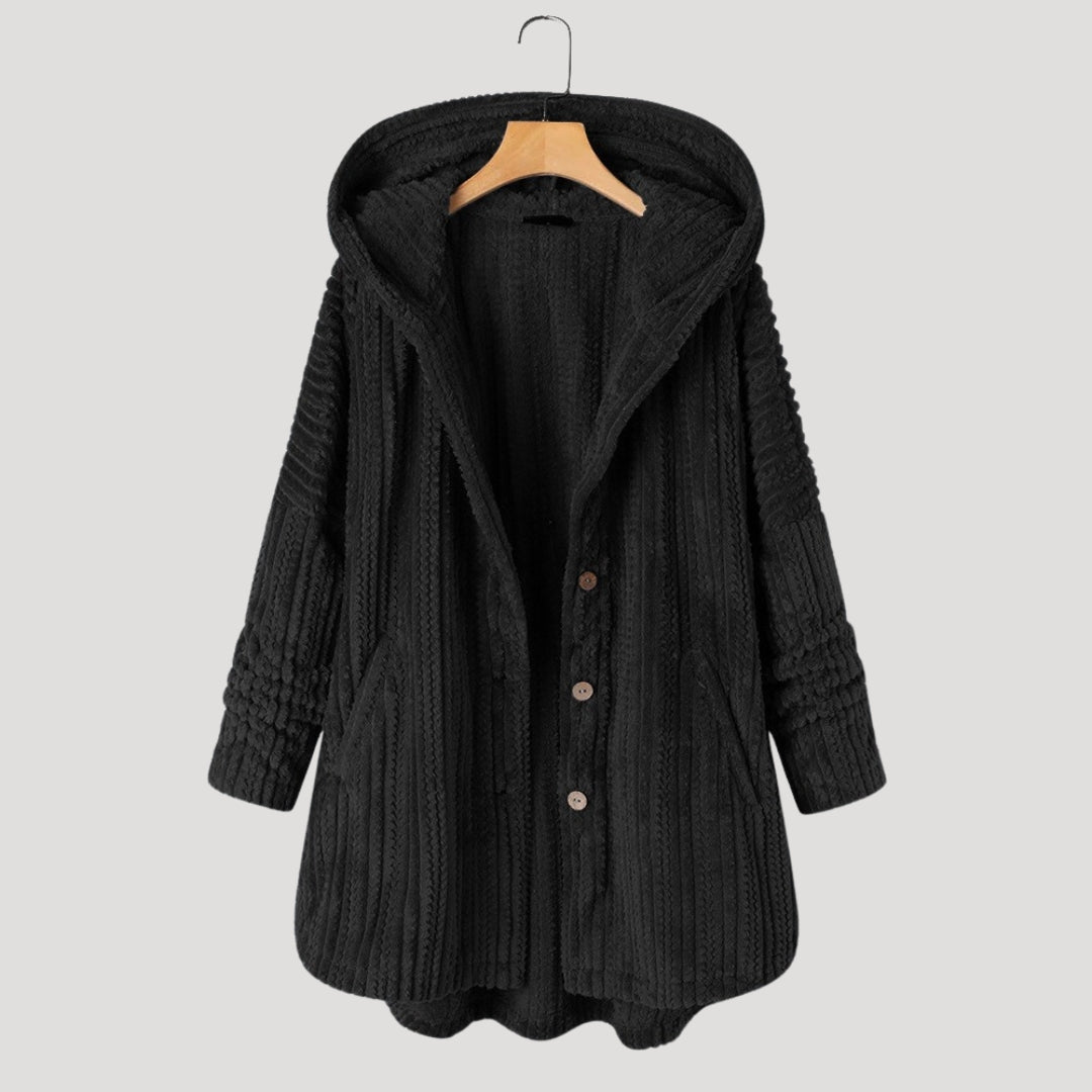 Dam lång vinterjacka fleece fodrad med huva 1