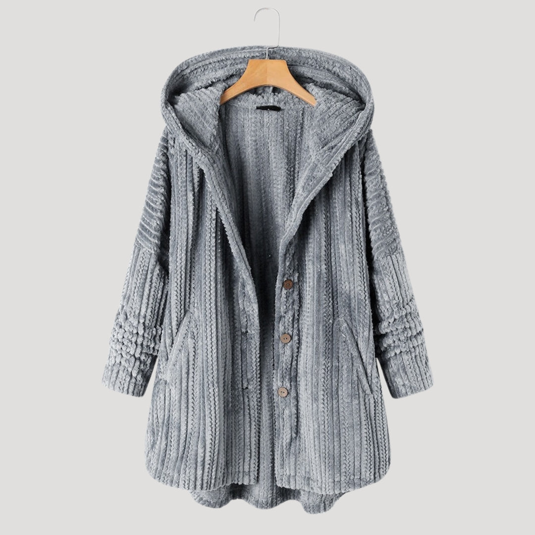 Dam lång vinterjacka fleece fodrad med huva 5