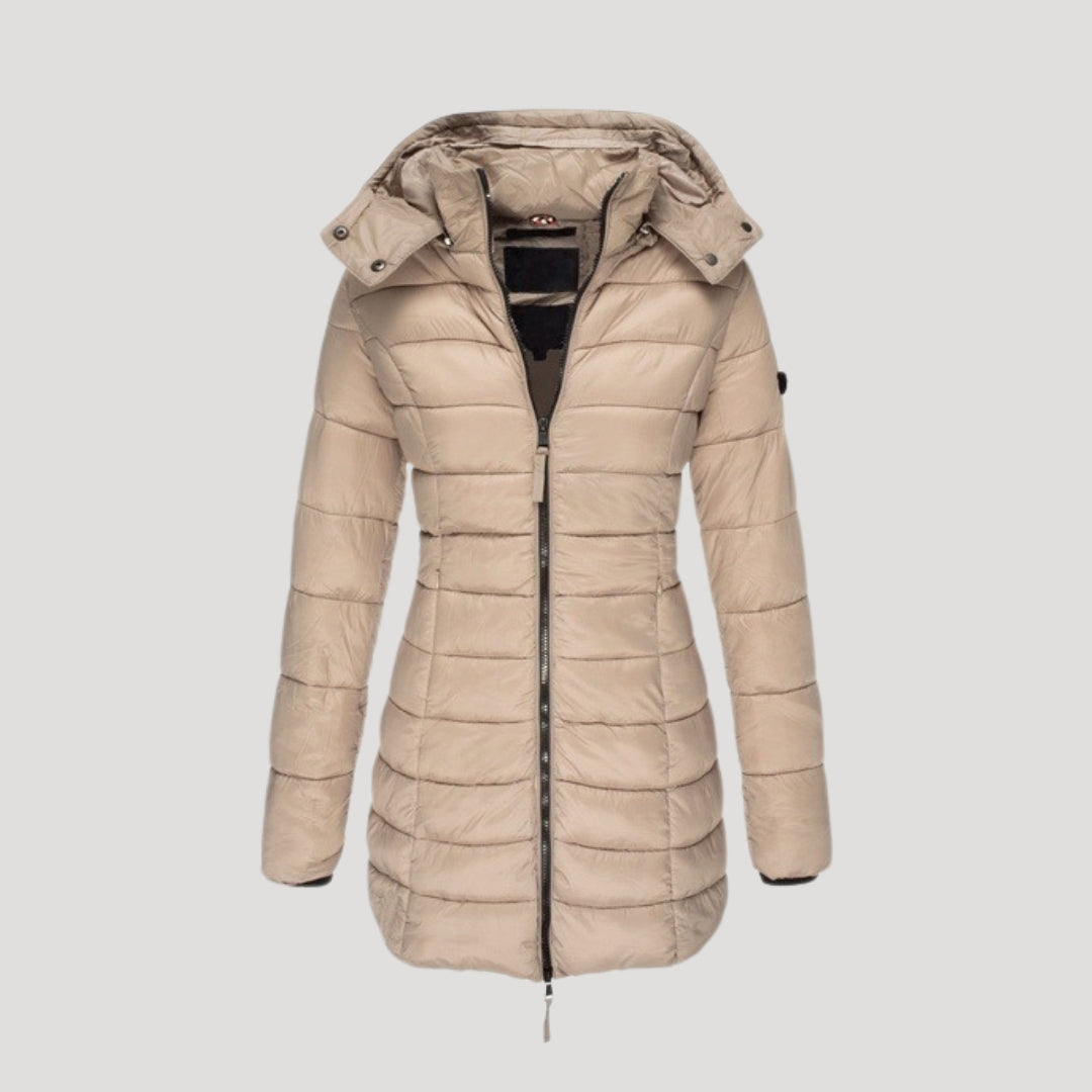 Dam lång vinterrock med huva vadderad och stilren 2