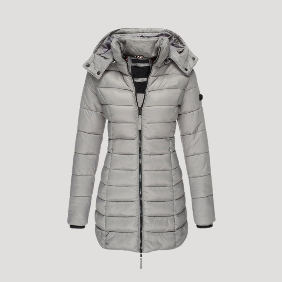 Dam lång vinterrock med huva vadderad och stilren 3