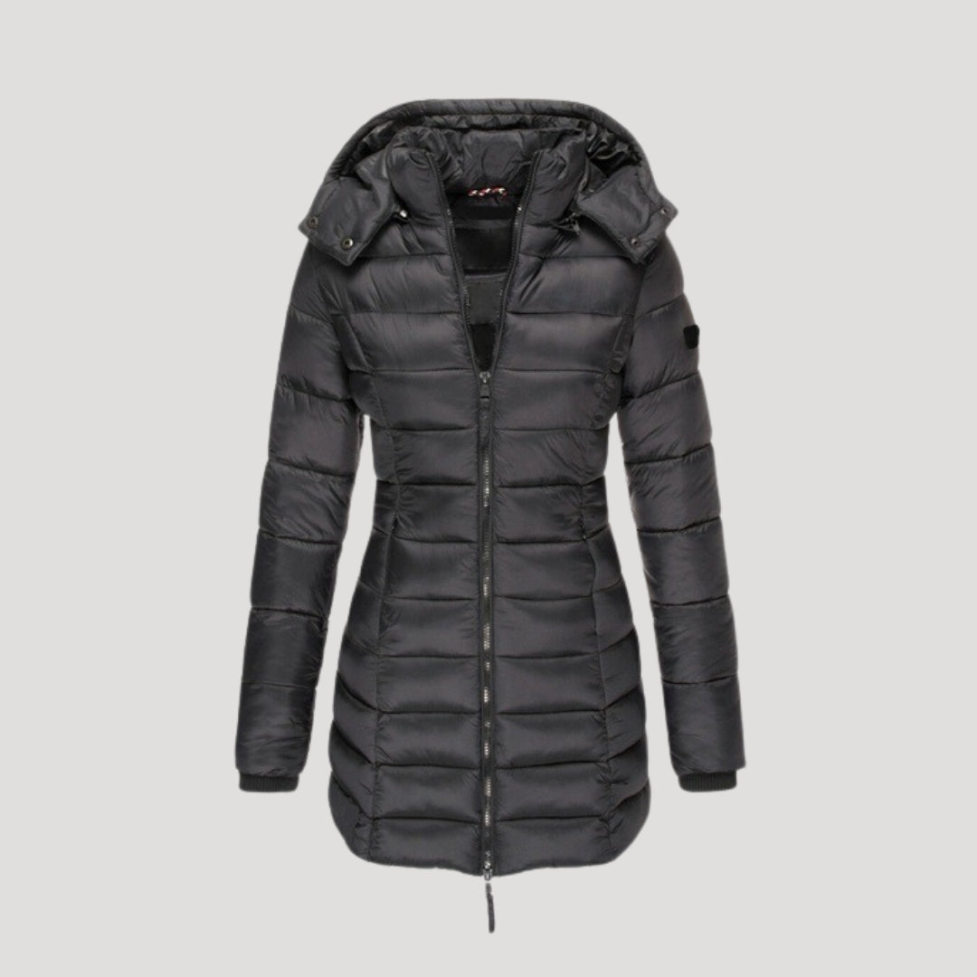 Dam lång vinterrock med huva vadderad och stilren 4