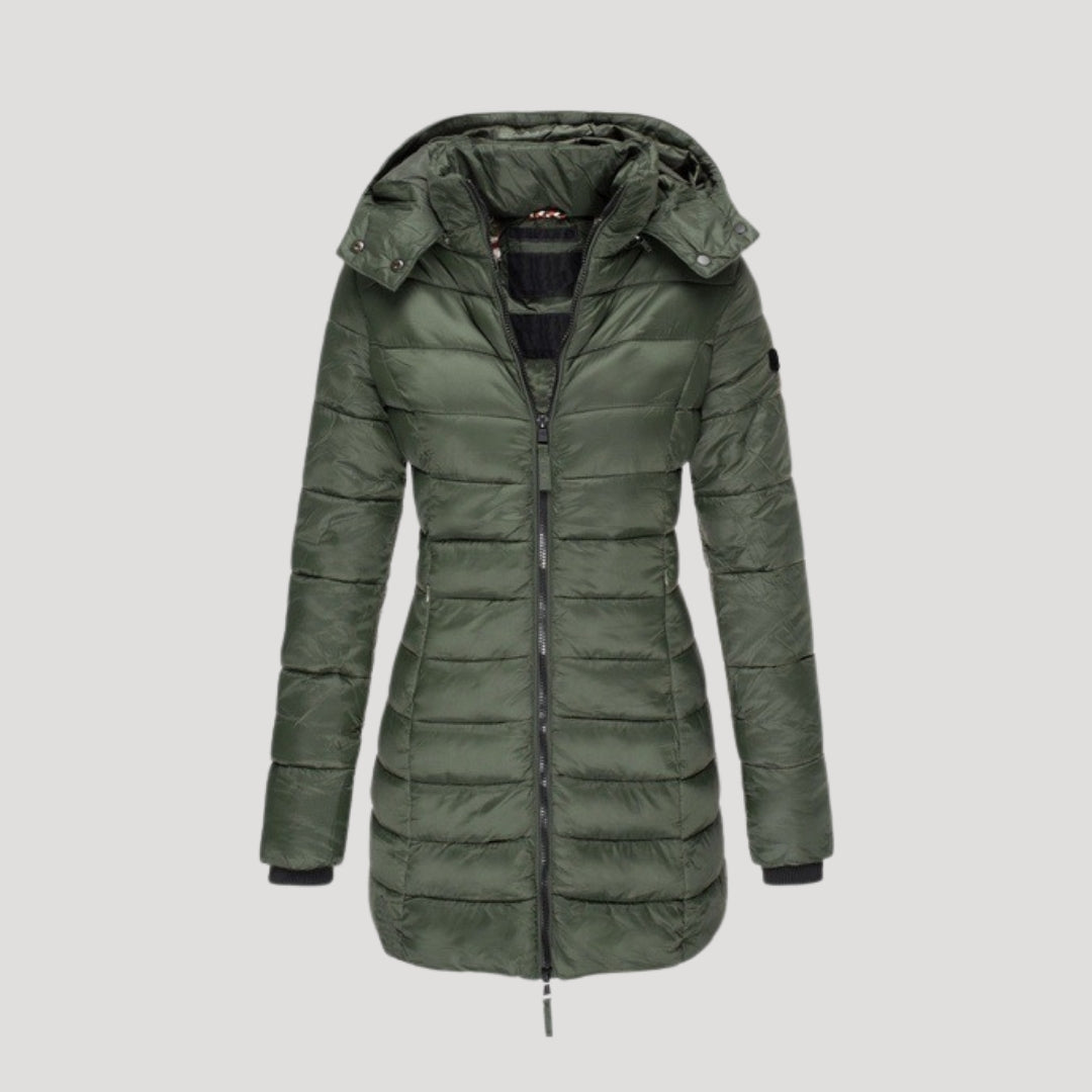 Dam lång vinterrock med huva vadderad och stilren 5