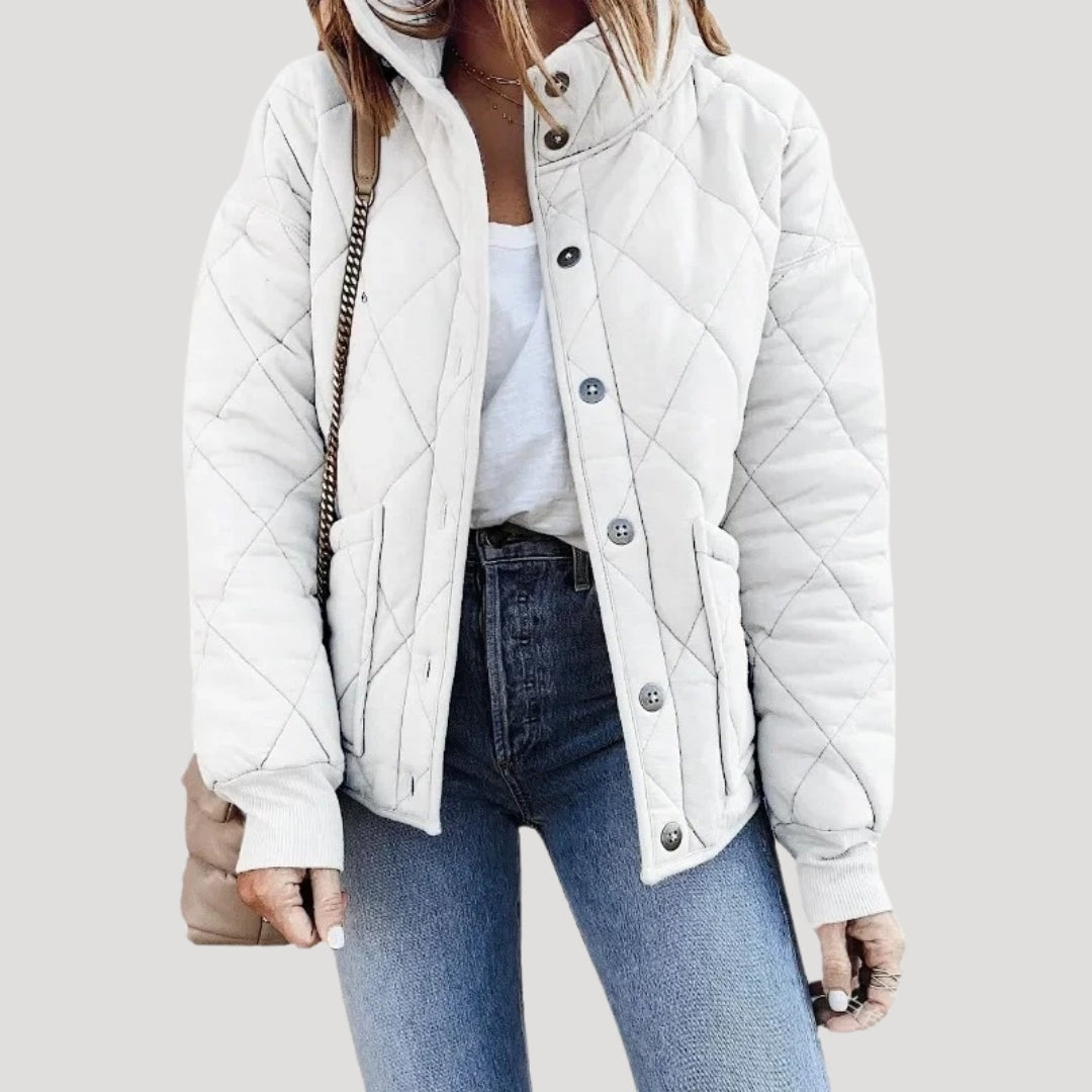 Lätt vadderad quiltad bomberjacka i grön med ribbad krage. 3