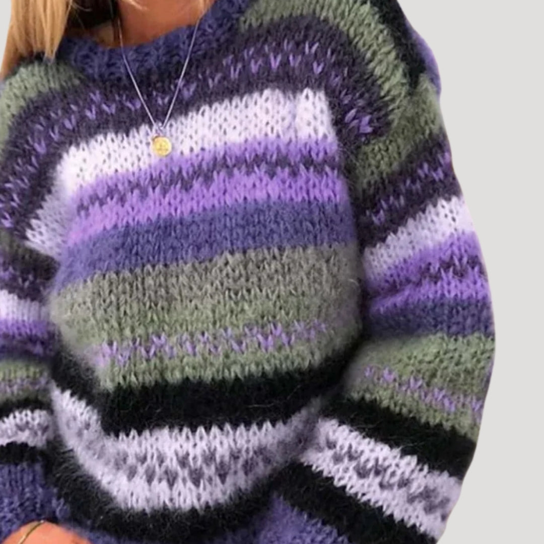 Dam randig stickad tröja i vinterfärger med avslappnad passform 1