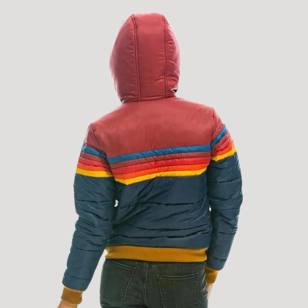 Dam retro färgblock pufferjacka med huva för vinter 2