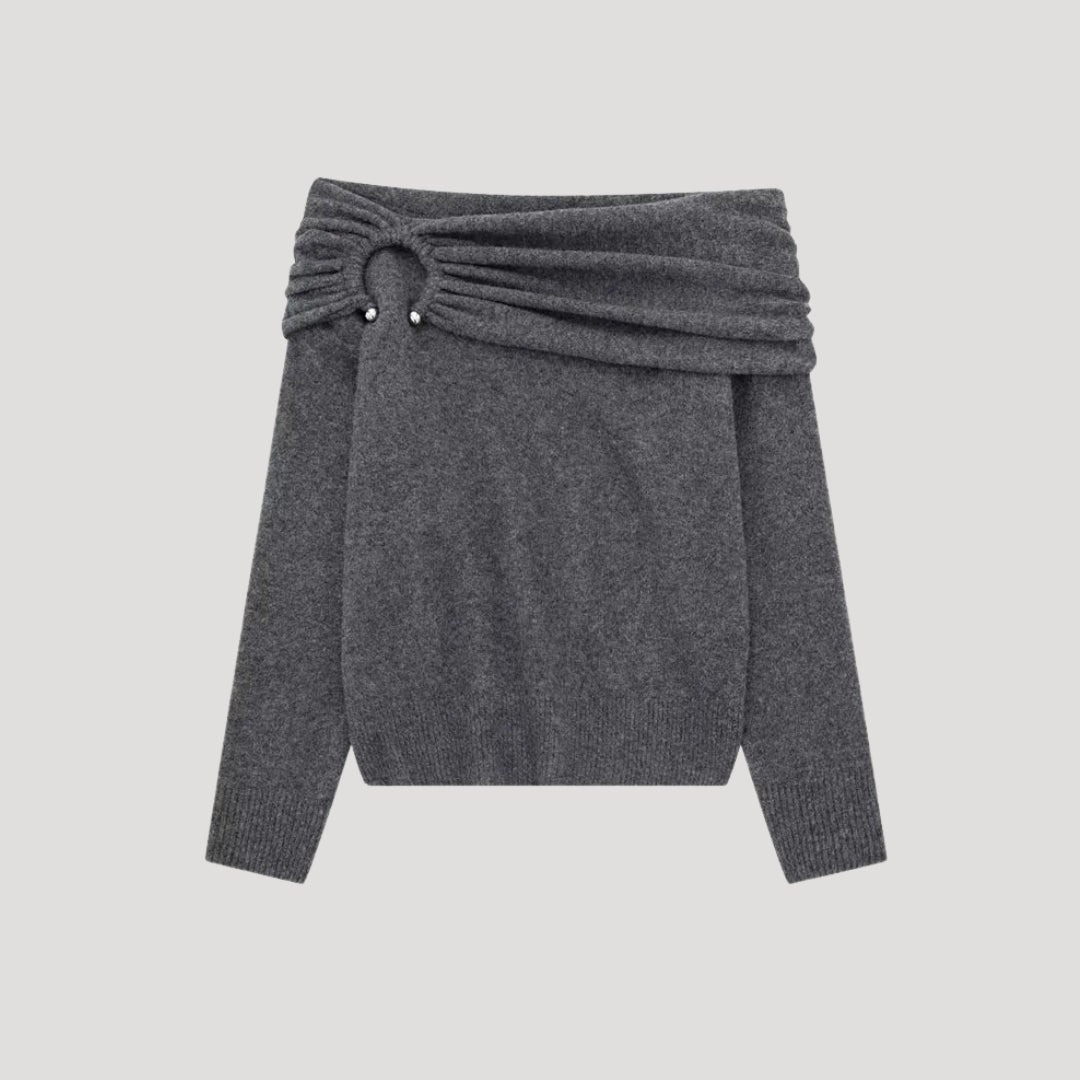 Dam stickad asymmetrisk vintertröja utan axlar 0