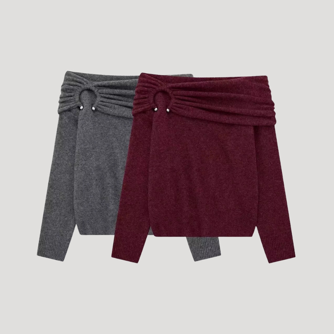 Dam stickad asymmetrisk vintertröja utan axlar 6