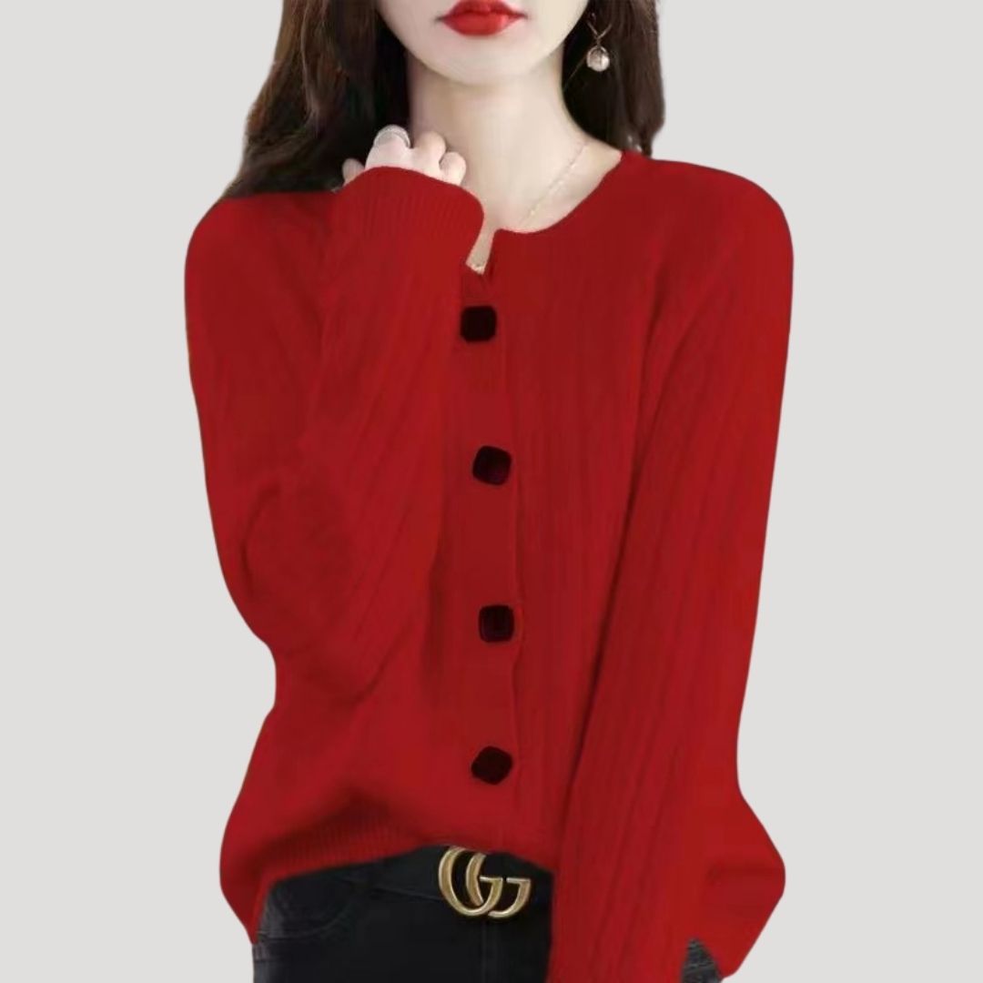 Dam stickad chunky ribbad tröja med knappar för vinter 1