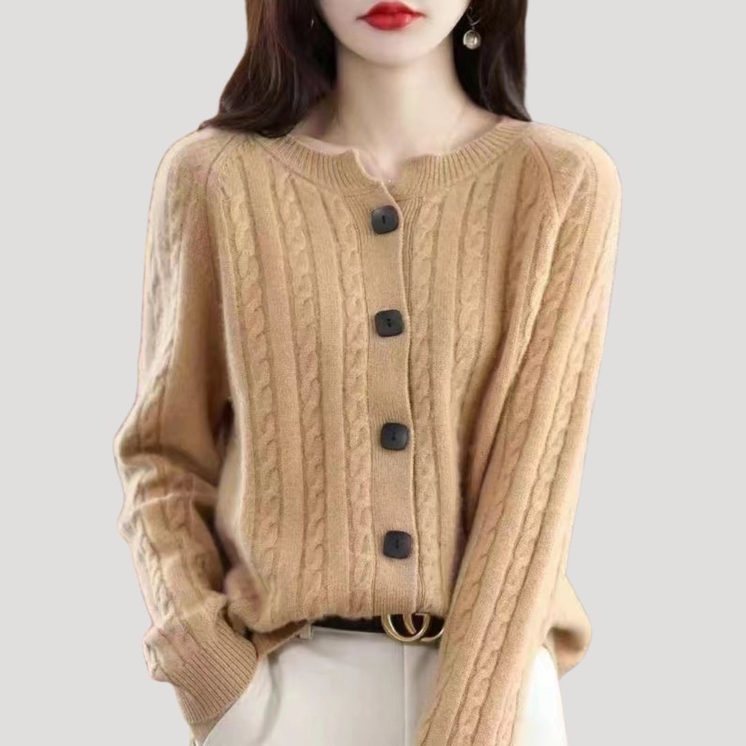 Dam stickad chunky ribbad tröja med knappar för vinter 3