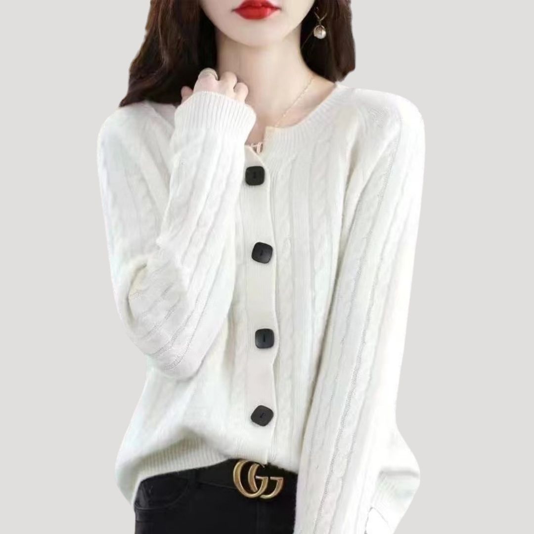 Dam stickad chunky ribbad tröja med knappar för vinter 4