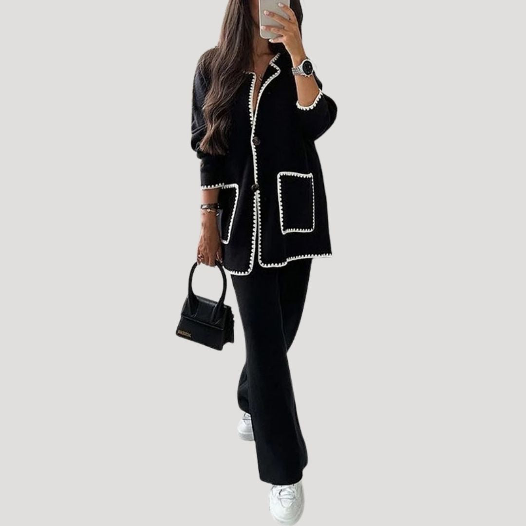 Dam stickad lounge set för vinter med byxor och cardigan 0