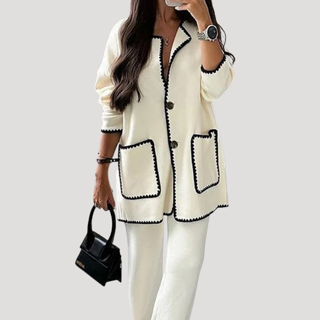 Dam stickad lounge set för vinter med byxor och cardigan 3