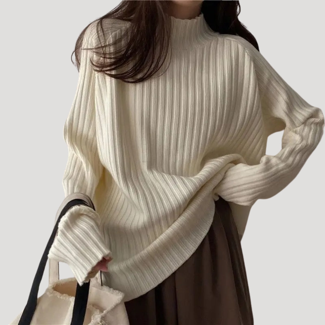 Dam stickad överdimensionerad rullhals vintertröja i mjuk ribb 3