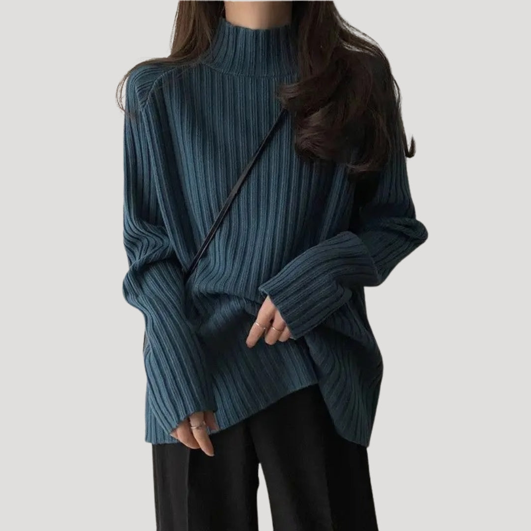 Dam stickad överdimensionerad rullhals vintertröja i mjuk ribb 4