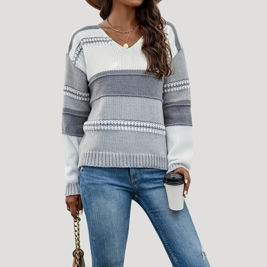 Dam stickad randig v-ringning tröja för vår och höst 0