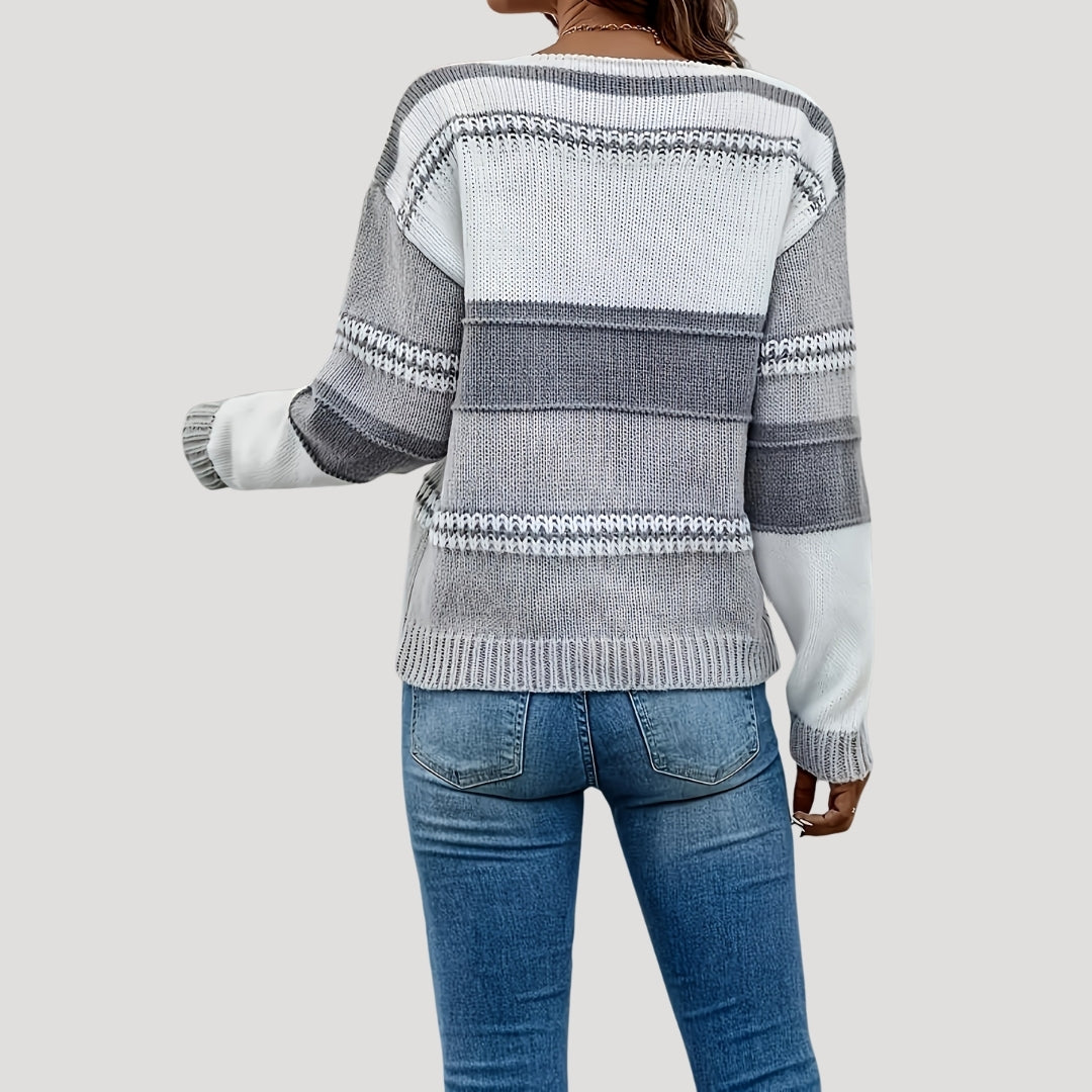 Dam stickad randig v-ringning tröja för vår och höst 1