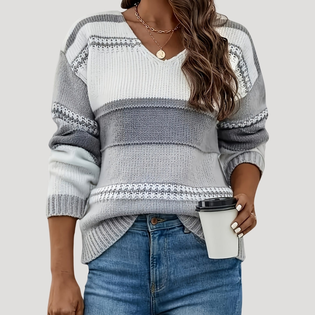 Dam stickad randig v-ringning tröja för vår och höst 3