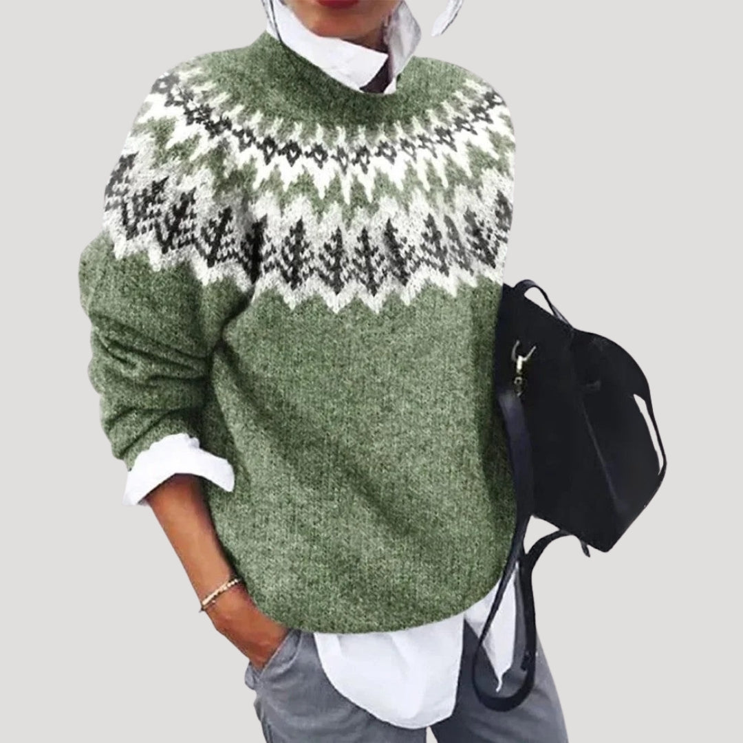 Dam stickad tröja med julmönster för vinter 0