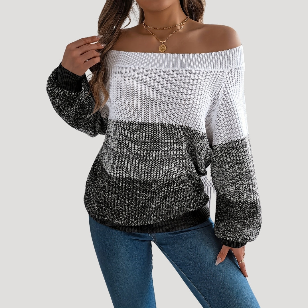 Dam stickad tröja med lång ärm och axelöppning 4