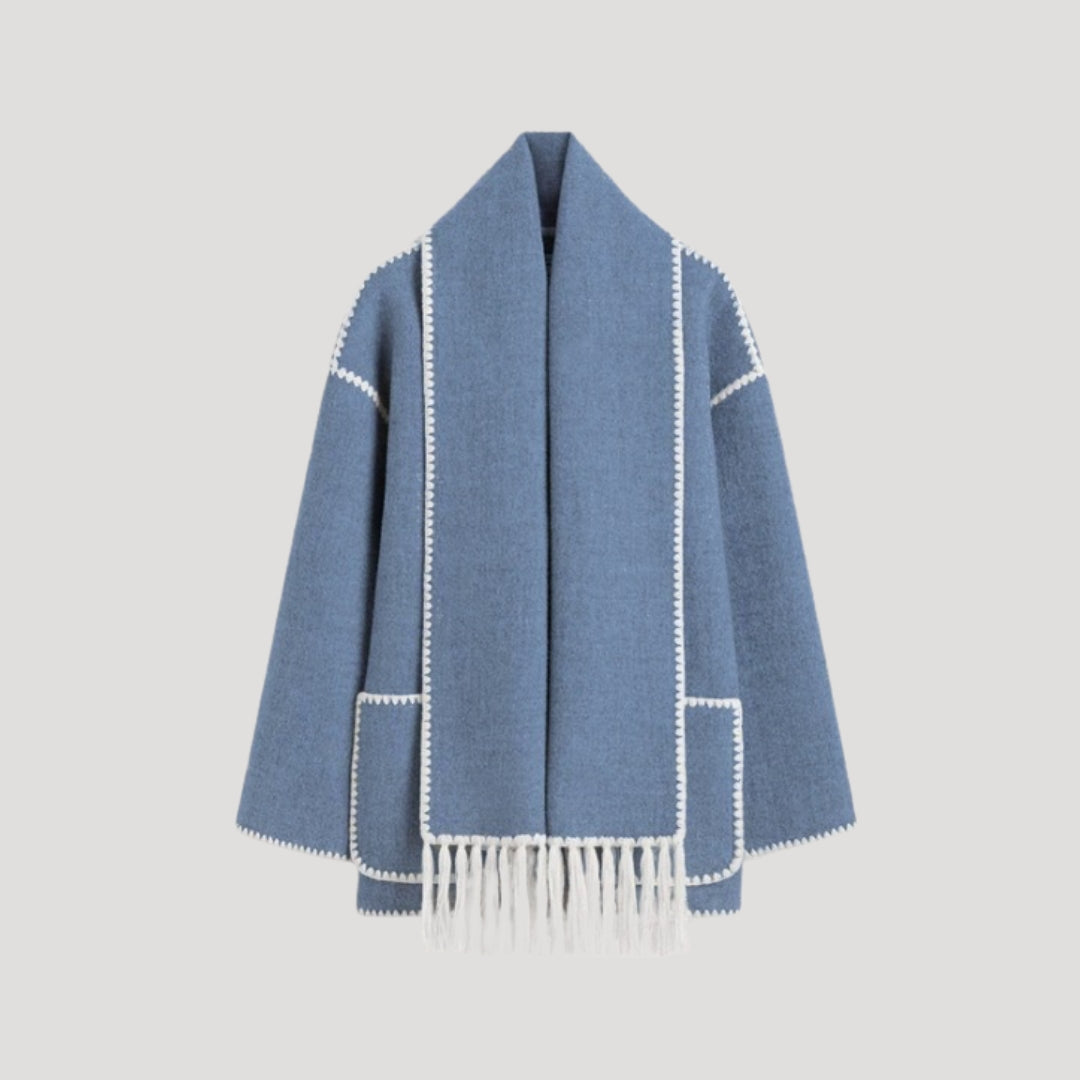 Dam ullblandning vintercape med fransar och halsduk 10