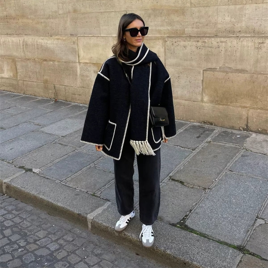 Dam ullblandning vintercape med fransar och halsduk 4