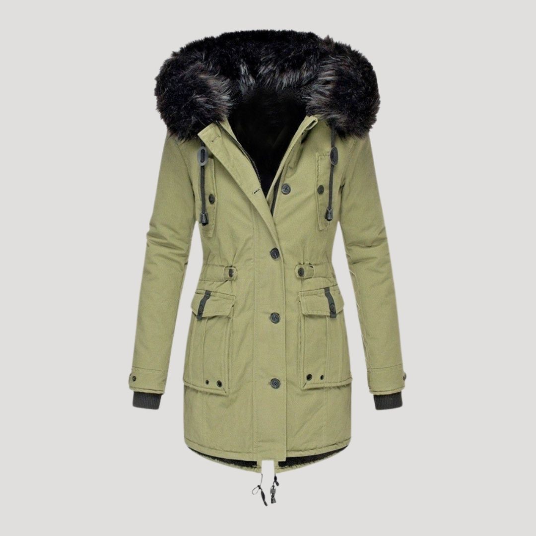 Dam vattentät lång vinterjacka med faux päls huva 4