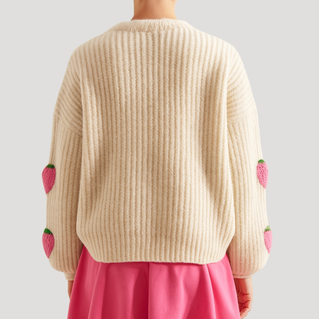 Chunky knit cardigan in pink with strawberry details, relaxed fit. 2