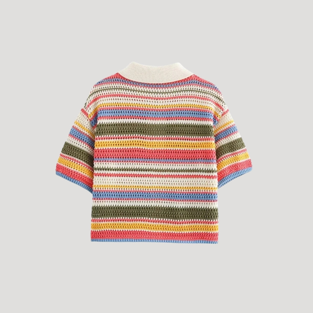 Randig virkad kortärmad cardigan i beige och vitt med avslappnad passform. 1