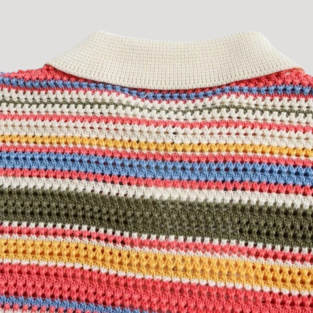 Randig virkad kortärmad cardigan i beige med avslappnad passform. 2