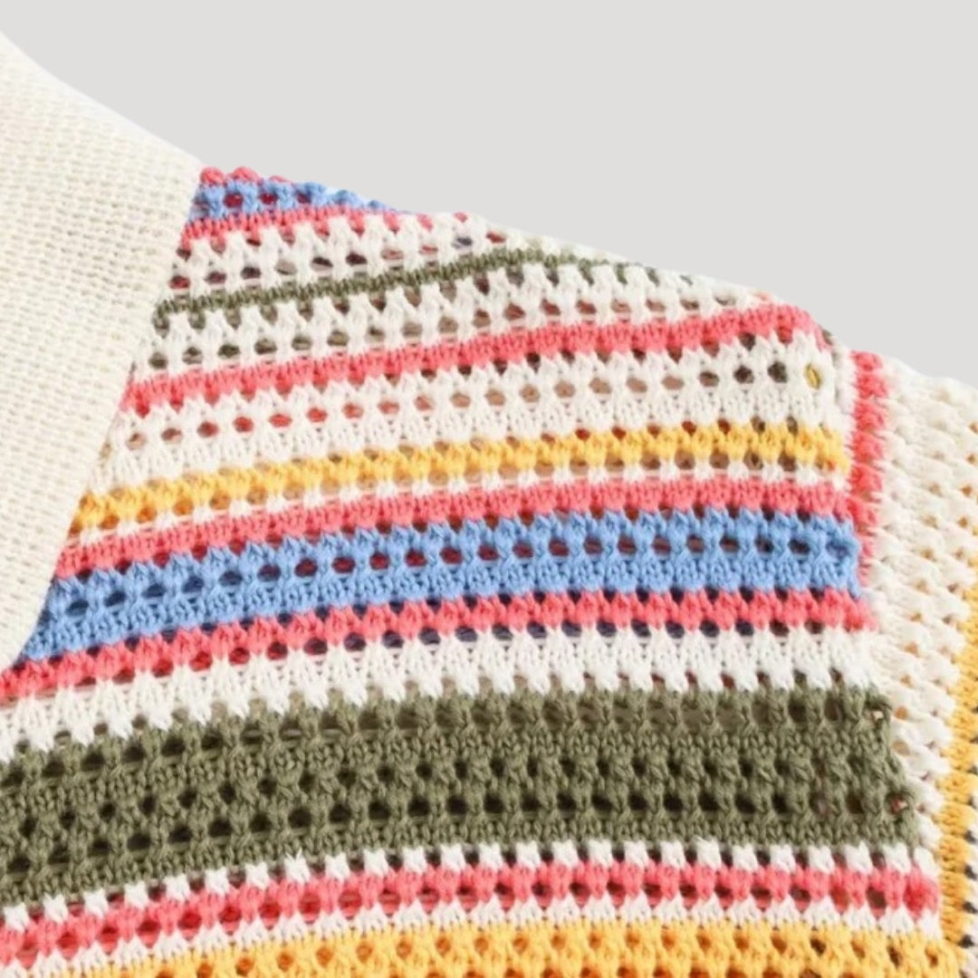 Randig virkad cardigan i beige med kort ärm och avslappnad passform. 5