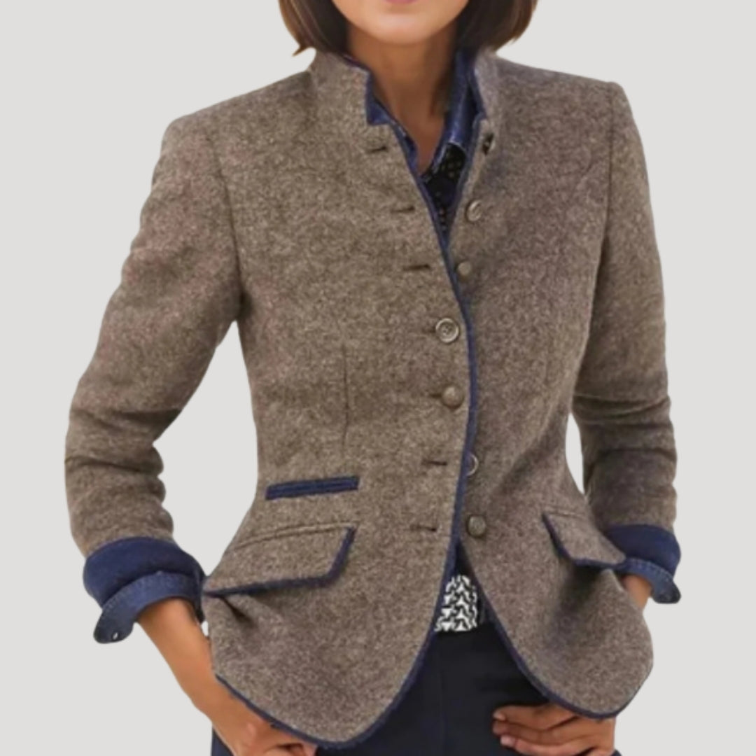 Tweed blazer in dark gray with a high collar and elegant design. 2