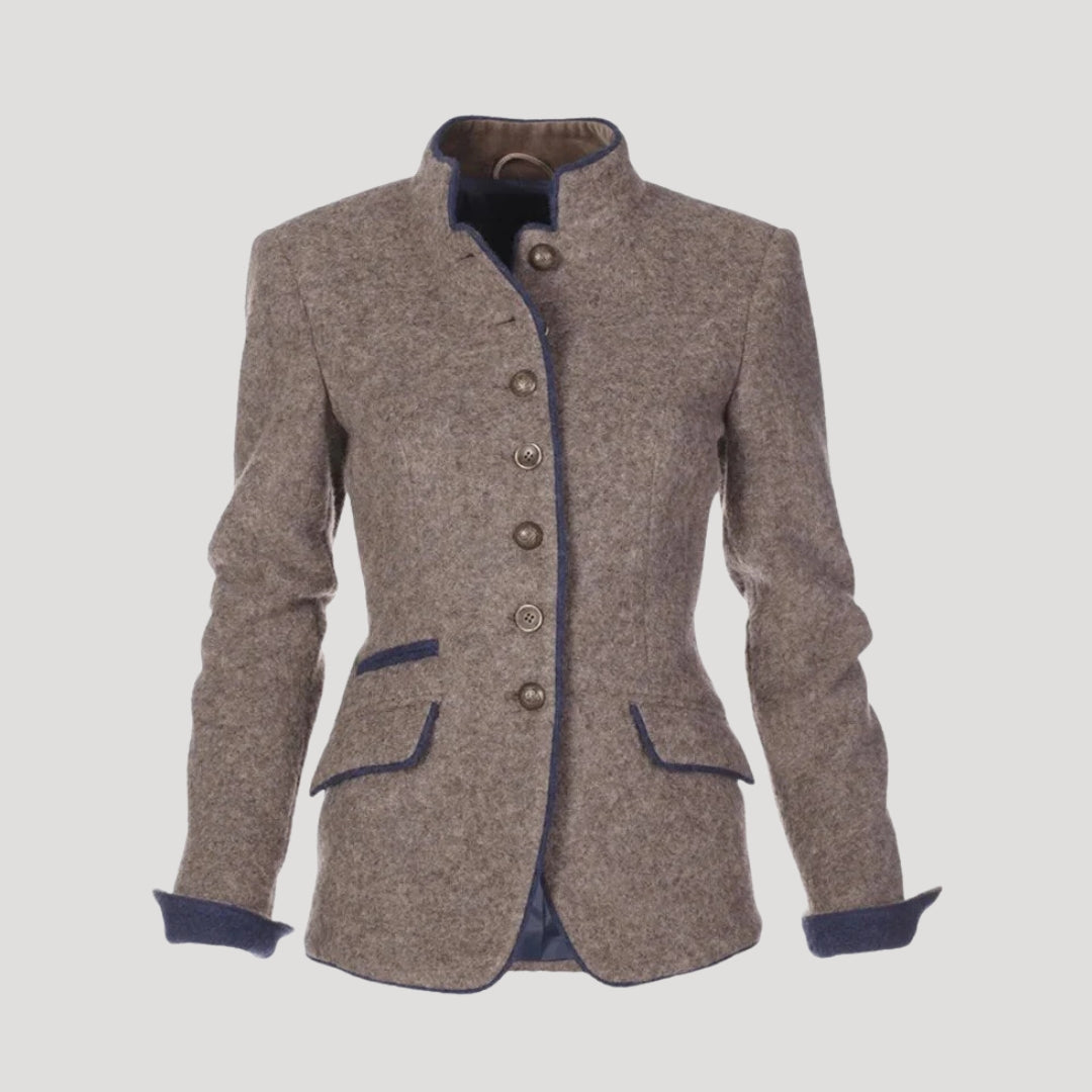 Tweed blazer in dark gray with a high collar and elegant style. 3