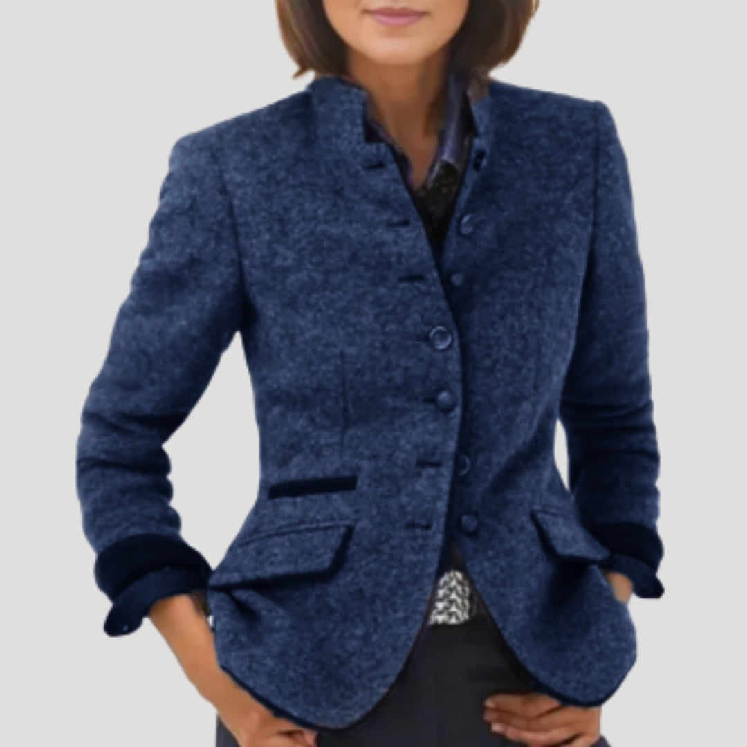 Tweed blazer för kvinnor i grått med hög krage och elegant design. 4