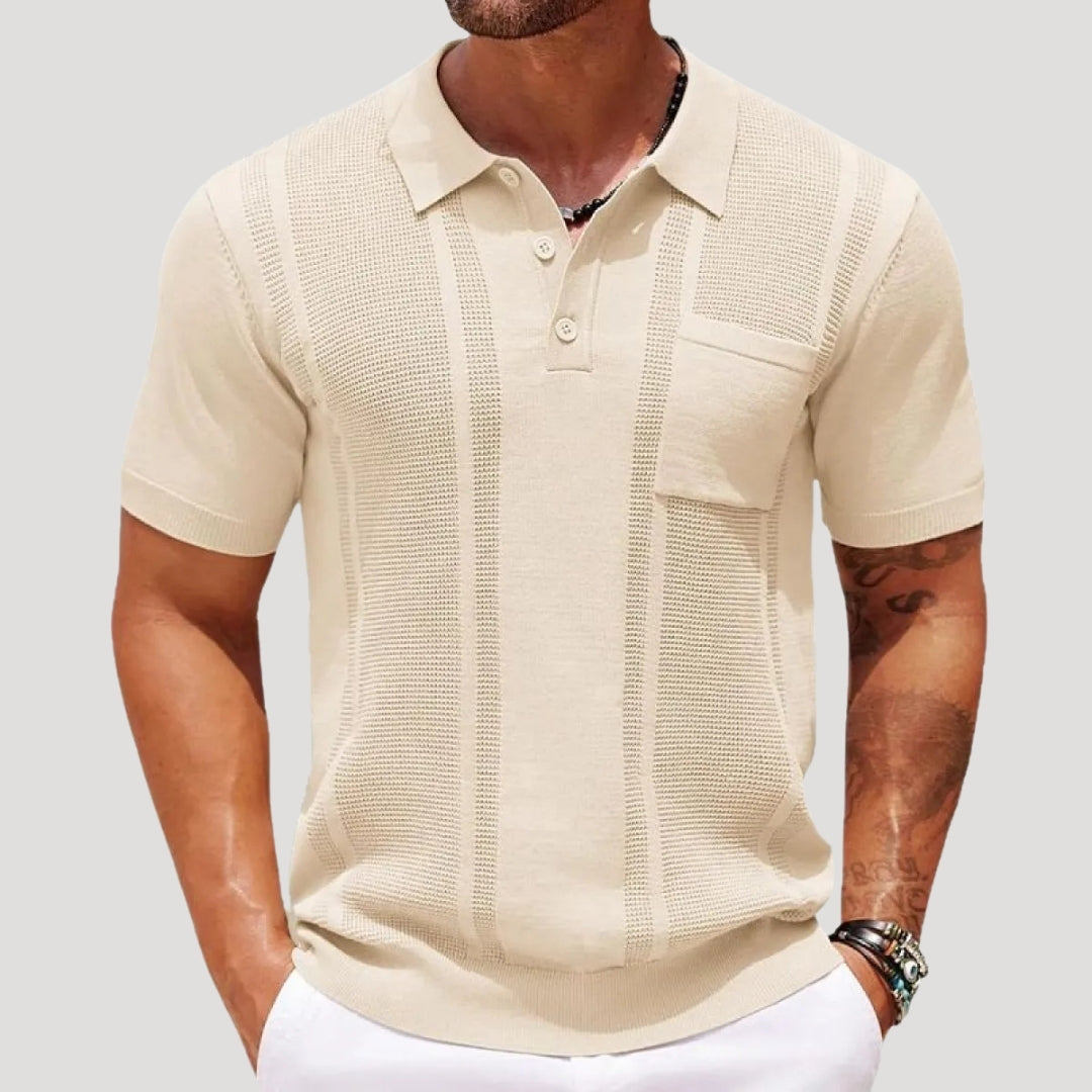 Herr stickad pikétröja henley kortärmad med struktur