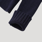 Kofta dam – mörkblå stickad cardigan med denimdetaljer