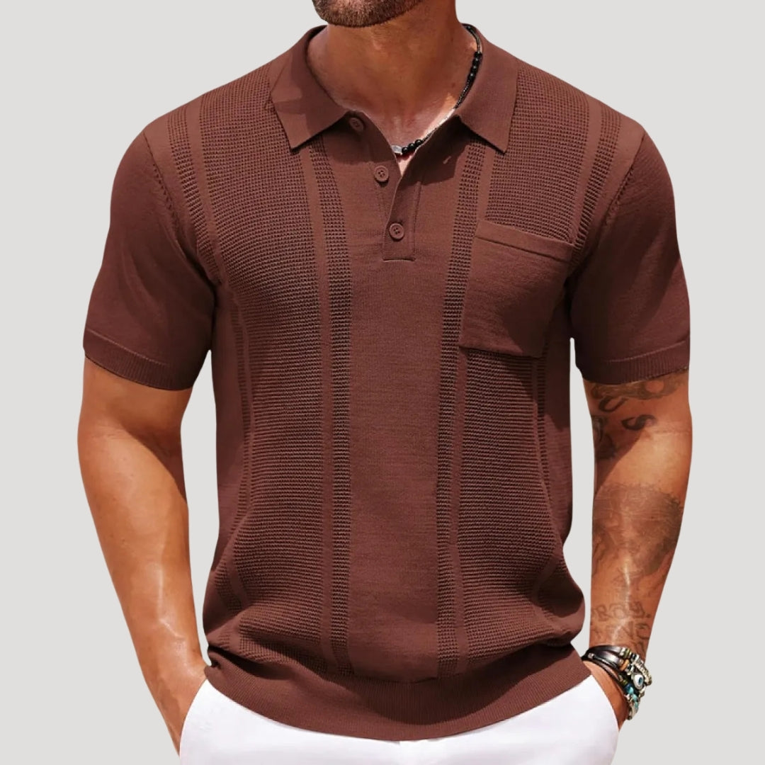 Herr stickad pikétröja henley kortärmad med struktur
