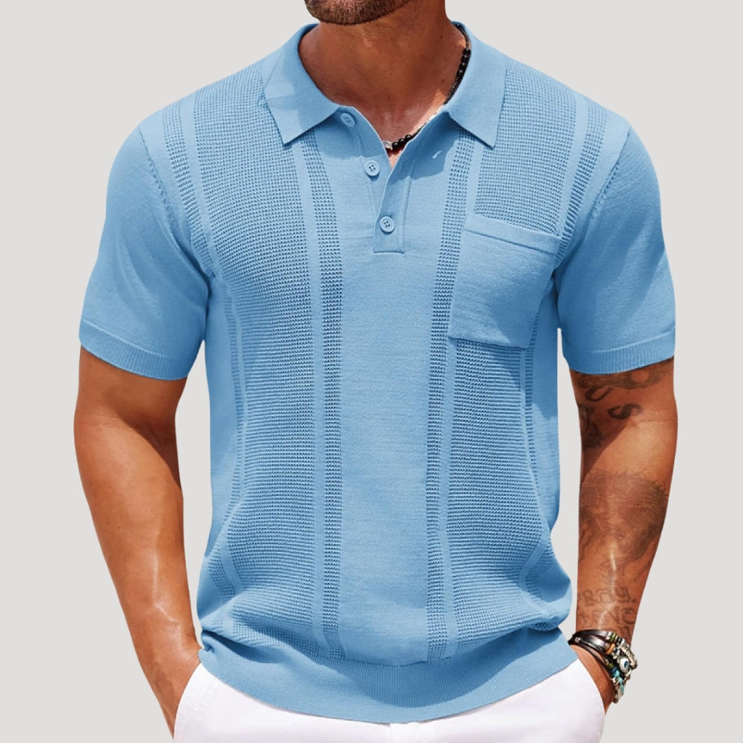 Herr stickad pikétröja henley kortärmad med struktur